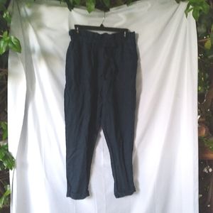 Donna Karan Trousers Womens Size L Navy Elastic Waist Tie Belt Cuffed Pockets